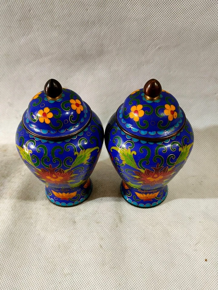 Exquisito par de macetas de cobre chino esmaltado Cloisonne hecho a mano 18599 Foto 1 de 4