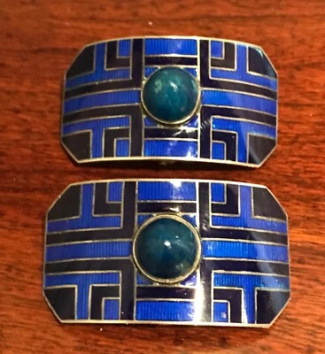 Hebillas de zapatos antiguas Art Deco francesas de plata y esmalte con piedras de cabujón Foto 1 de 4
