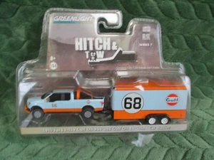 Greenlight Hitch & Tow 2015 Ford F-150 Gulf Oil #68 & Gulf Enclosed Car Hauler - Picture 1 of 8