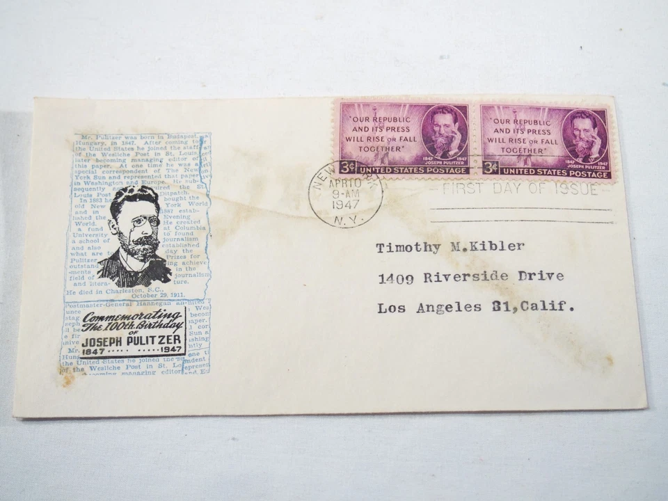 3 cent stamp pair Joseph Pulitzer April 10, 1947 Harry Loor FDC envelope 946 - Image 1 of 1