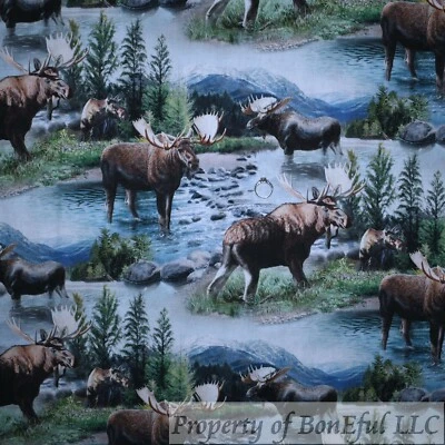 BonEFul FQ Cotton Quilt Blue Water Mountains Scenic MOOSE Wild West Xmas Tree CO - Image 1 of 4