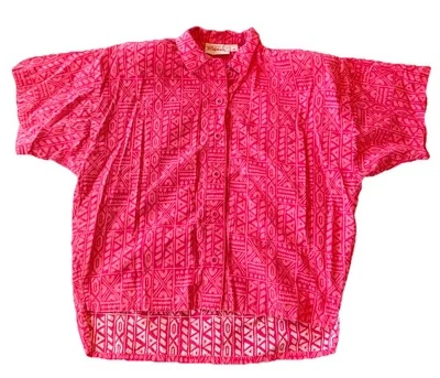  Vintage 80s New Wave Pink Print Button Down Top With Shoulder Pads hipster  - Image 1 of 4