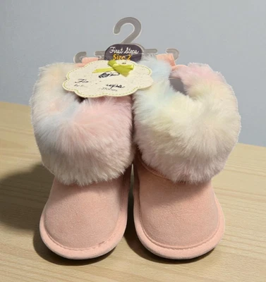 First Steps by Stepping Stones Baby Booties Size 2 Pink Faux Fur Trim Soft Crib - Image 1 of 4