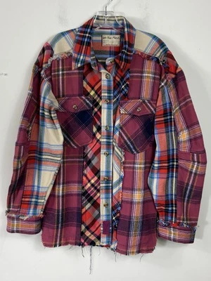 Free People S 码拼贴迷失格子法兰绒波西米亚衬衫上衣纽扣罕见 — 第 1/4 张图片