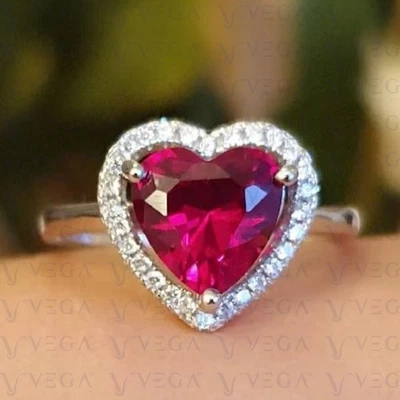 Женское кольцо с натуральным рубином и бриллиантовым зубцом сердечной огранки 3,50 карата 950 карат с платиновым покрытием - Изображение 1 из 4