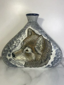 Vintage handbemalte Wolf Keramik Vase Keramik Karaffe rustikal Hütte Dekor Kunst Iowa - Bild 1 von 13