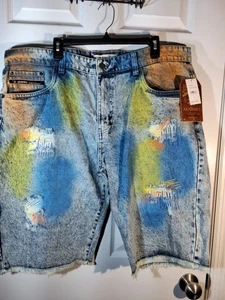 Distressed Y2K Denim Baggy Jorts Jean Shorts Akademiks Jeanius Mens 42 Painted - Picture 1 of 8