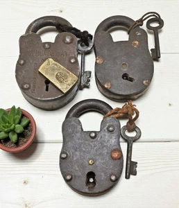Lot of 3 Antique Iron Brass Pad Locks Original Old Hand Crafted Working With Key - Picture 1 of 8
