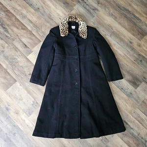 Talbots KIDS Girls Black Wool Dress Coat Removable Faux Cheetah Fur Collar Sz 14 - Picture 1 of 7