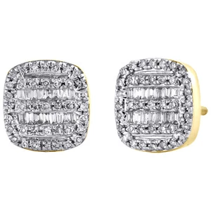 10K Yellow Gold Round & Baguette Diamond Cushion Frame Earrings 9mm Stud 1/3 CT. - Picture 1 of 2