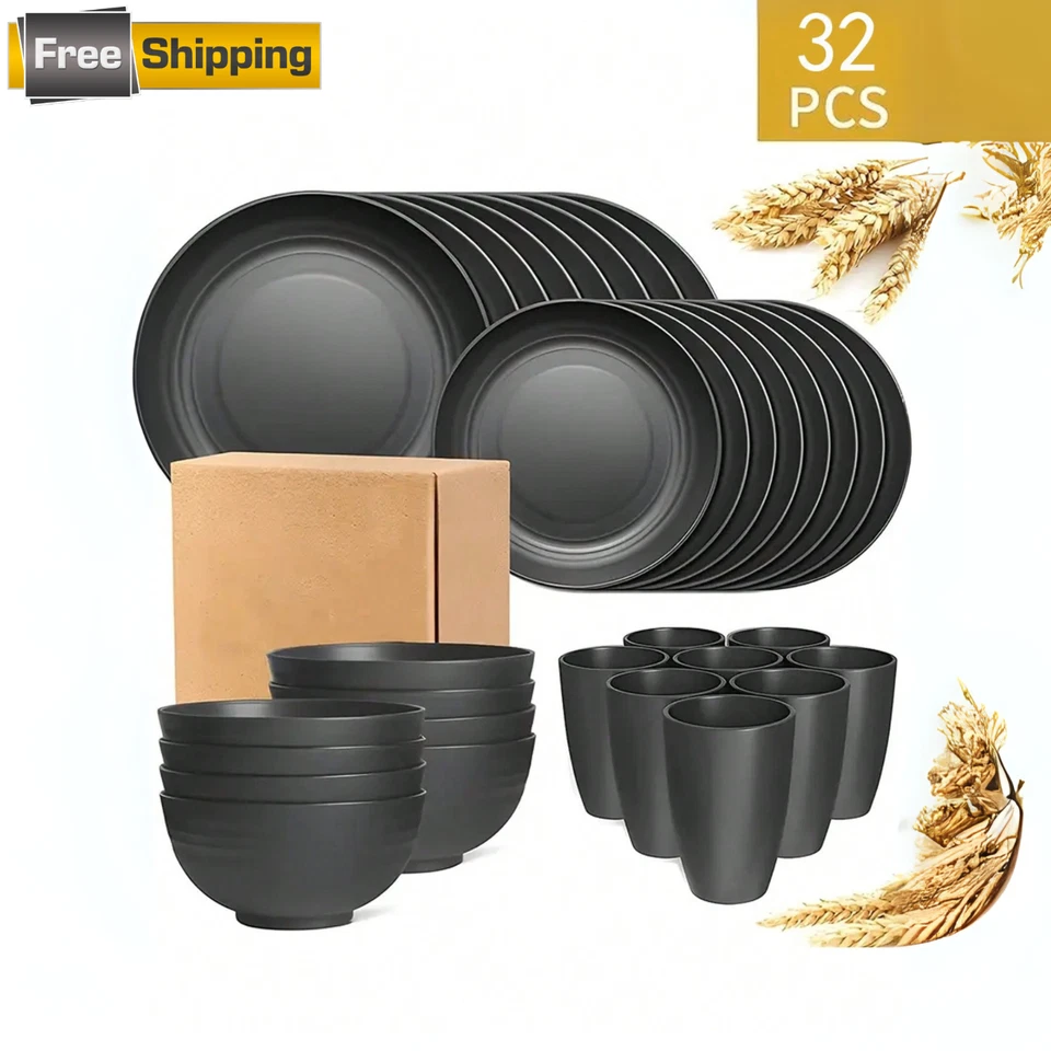 Juego de cubiertos de plástico negro y platos reutilizables, cuencos, tazas - 4/16/32 piezas para lote Foto 1 de 4