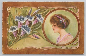 Beautiful Victorian Girl Purple Flowers Art Nouveau Postcard Pretty Woman 1910's - Picture 1 of 5