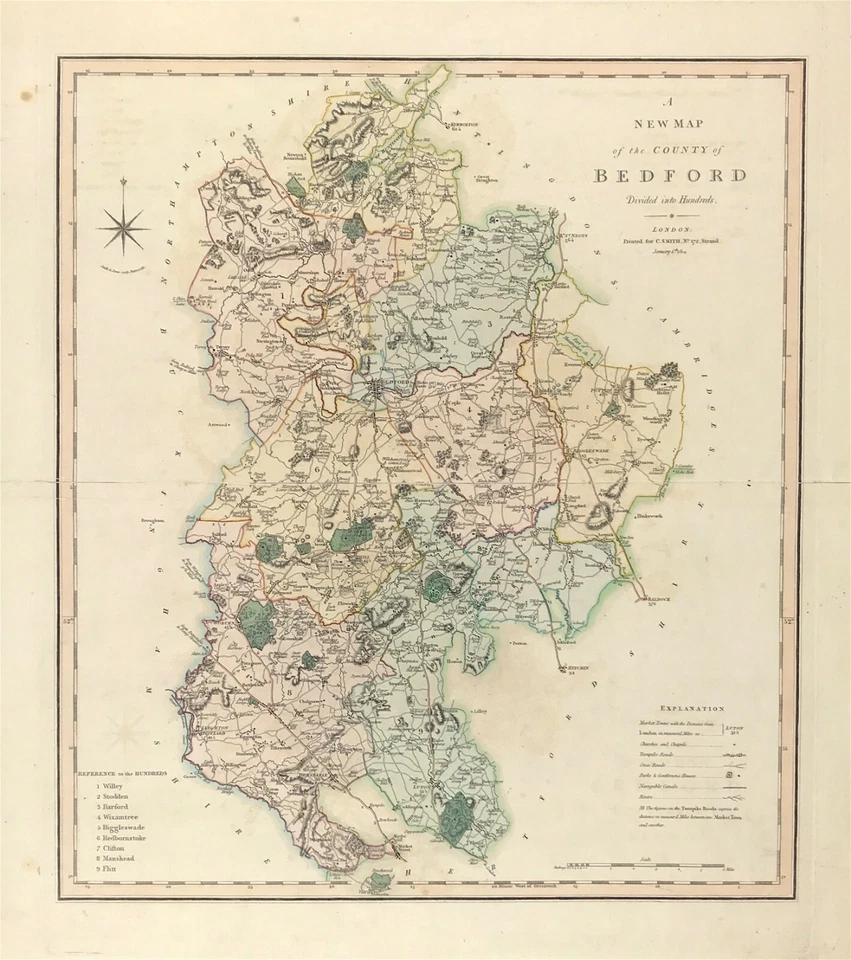 mapa Bedfordshire de Smith 1884 grabado color original emitido  Foto 1 de 4
