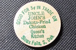 Vintage Wooden Nickel Uncle John's Dakota-Fried Chicken Sioux Falls S. Dak Green - Picture 1 of 2