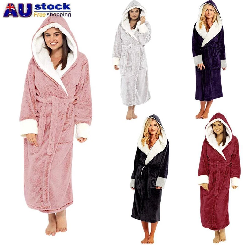 Ladies Dressing Gown Long Hooded Bathrobe Soft Fluffy Cosy Robe for Women - image 1 of 4