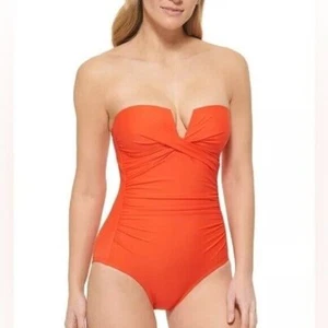 CALVIN KLEIN Women's Split-Neck Bandeau Removable-Strap Tummy-Control Swimsuit 6 - Picture 1 of 13