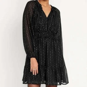 Old Navy Black Long Sleeve Dress Silver Dot Smocked Waist Ruffle Hem M - Picture 1 of 13