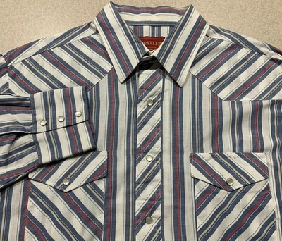 Camisa Rustler De Colección Para Hombres Grande Rayas Perla Occidental A Presión Colas X Largas Años 90 Foto 1 de 4