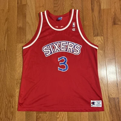 1990s Allen Iverson #3 Champion Philadelphia Sixers 76ers Jersey Red - Size 52 - Image 1 of 4