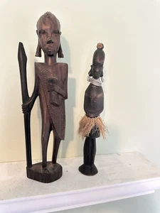 Hand Carved African Tribal Warrior Statues Spear 10” Tall Rustic Folk Art Black - Picture 1 of 9
