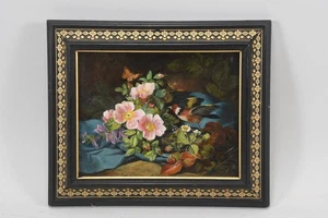 N92S18- Gemälde Stillleben mit Blumen Vogel u Schmetterling undeutlich signiert - Bild 1 von 12