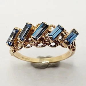 Fancy 9ct Blue Topaz Baguette 5 Stones Celtic Yellow Gold 375 Ring Size O 1/2 - Picture 1 of 23