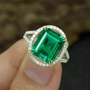 3CT Emerald Cut Lab-Created Emerald Halo Engagement Ring 14K White Gold Plated - Picture 1 of 4
