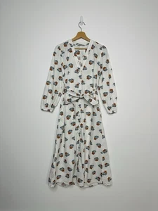 Zara Tea Dress Midi Size S White Floral Puff Sleeve Belted Pockets V-neck Cotton - Picture 1 of 8