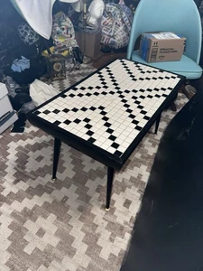 Vintage Mid Century Modern Mosaic Tile Top Side Table Blue Black and White - Picture 1 of 17