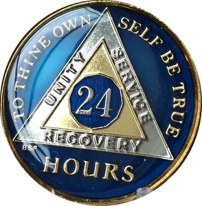 24 Hours Midnight Blue AA Alcoholics Anonymous Medallion Chip Tri Plate Gold & N - Foto 1 di 7