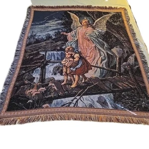 Angel Watching Over Children on Bridge Woven Throw Tapestry Blanket 51 X 57 IN - Picture 1 of 9
