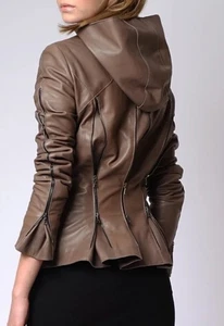 Olya Shishkina London Diseñador Único Chaqueta de Cuero Capucha Taupe Cremallera-US 8 - Imagen 1 de 17