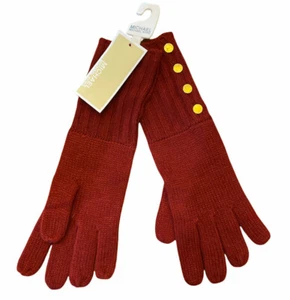 NWT Michael Kors Women’s Knit Gloves Red Maroon With Gold Buttons One Size - Picture 1 of 3