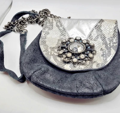 Leatherock Silver Snakeskin Silver Glittery Black Genuine Leather Satchel 7.5in - Изображение 1 из 4