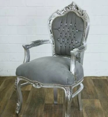 Poltrona barocco in legno di faggio Luigi XVI foglia argento tessuto grigio luxu - Immagine 1 di 3