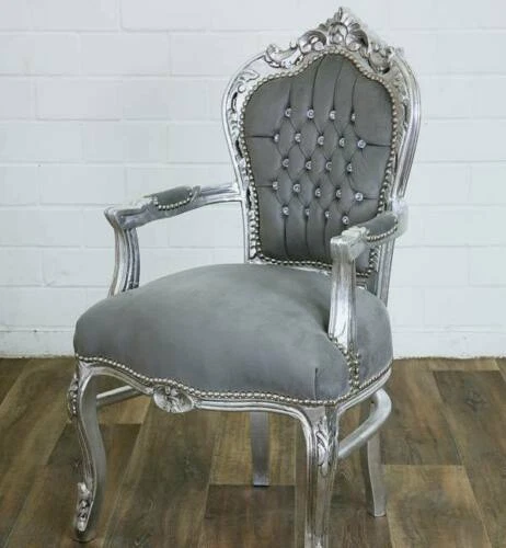 Poltrona barocco in legno di faggio Luigi XVI foglia argento tessuto grigio luxu - Immagine 1 di 3