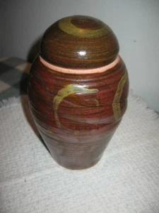 Studio Art Pottery Lidded Canister Ginger Jar Signed HM 8" Brown Black Gold - Picture 1 of 11