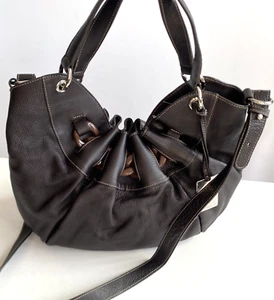 FURLA Brown Pebble Leather Hobo Purse Drawstring Double Strap EUC - Picture 1 of 7