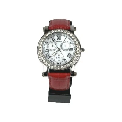 Vernier Women's Watch By 7 West Silver Tone Gem Bezel Red Leather Band New Batt - Image 1 of 4