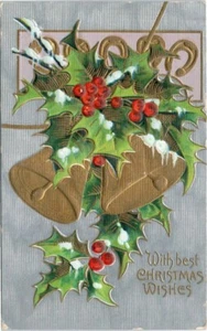 Cartolina natalizia classica primi tempi mai usata mai spedita Campane e Agrifoglio - Foto 1 di 2