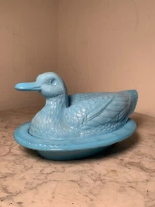 MALLARD DUCK ON A NEST CANDY DISH TRINKET BLUE MILK GLASS  - Picture 1 of 8