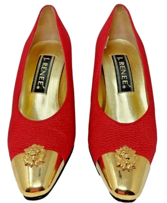 Zapatos de salón vintage J Renee rojo 7 M dorado metal punta de león arte texturizado para usar Foto 1 de 4