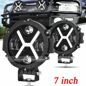 Pair 7" Round LED Pods Driving Light Bar DRL Work Light Flood Spot SUV Offroad - Picture 1 of 9