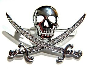 CALICO JACK BROOCH jolly roger skull swords pin pirate buccaneer silver-tone F5