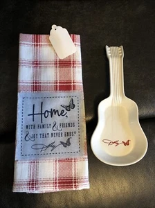 New Dolly Parton Guitar White Spoon Rest/Trinket Dish & Kitchen Towel Butterfly - Picture 1 of 6