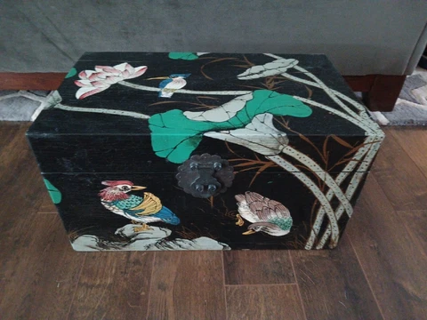 Vintage Asian Hand Painted Small Chest Trunk Boho Treasure Trunk Birds Cover