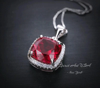 Large Ruby Necklace Sterling Silver 6 CT Square Gemstone Red Pendant 18k White - Image 1 of 4