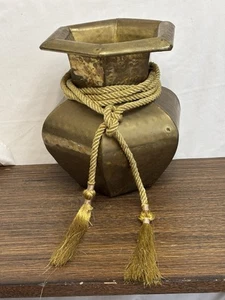Gold Metal Hammered Vase With Gold Tasseled Rope 10” Tall - Picture 1 of 6
