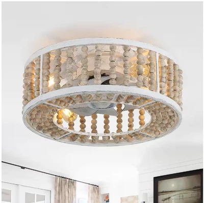 Banff 20 pulgadas Ventilador de techo blanco con cuentas de madera boho interior 4 luces control remoto de granja Foto 1 de 4