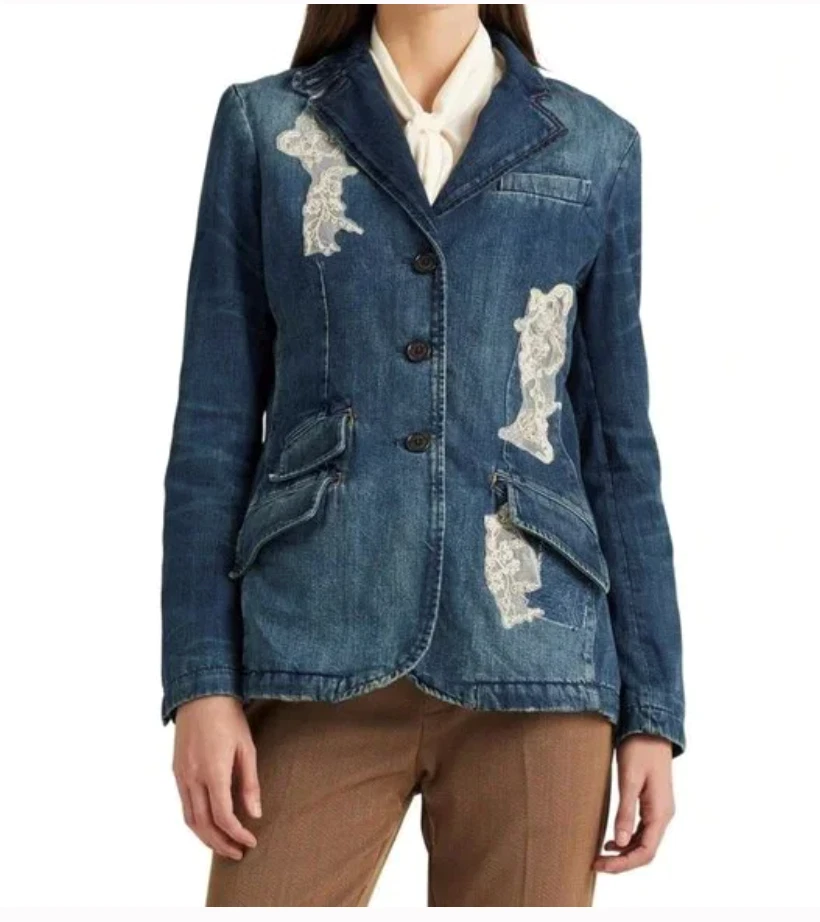 Lauren Ralph Lauren Lace Sequin Bead Applique Denim Indigo Jacket Blazer 14 NWT - Image 1 of 1